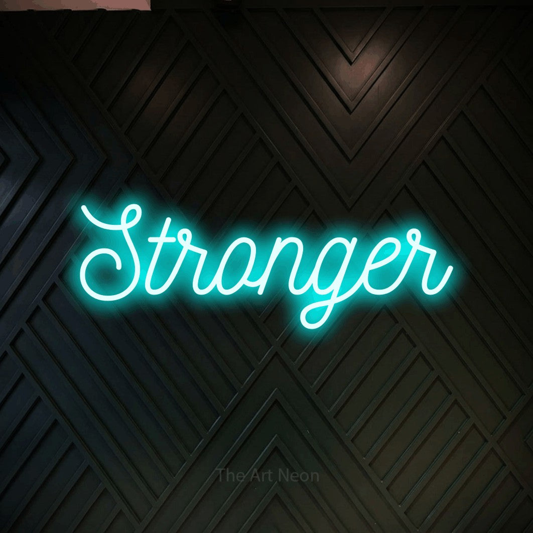 LED neon sign reading “Stronger”, arranged in a single line.