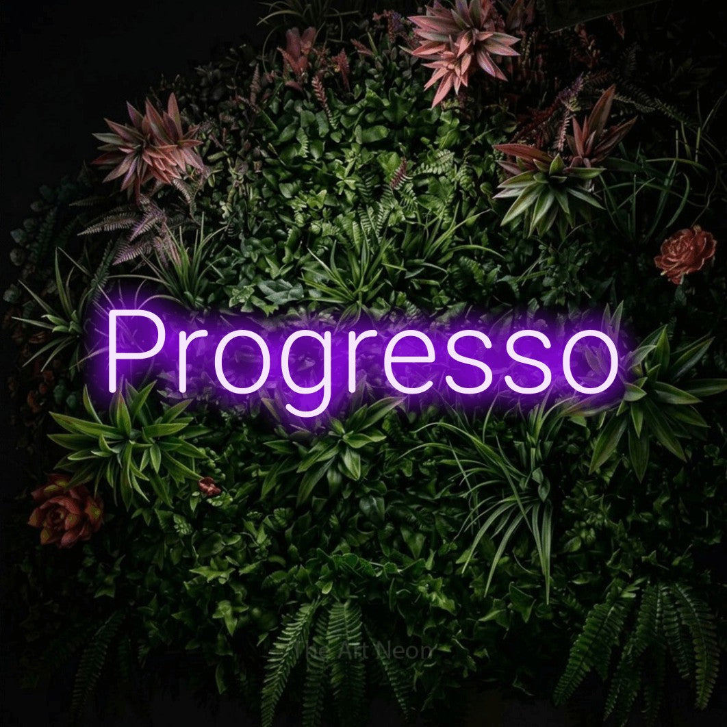 LED neon sign reading “Progresso”, arranged in a single line.