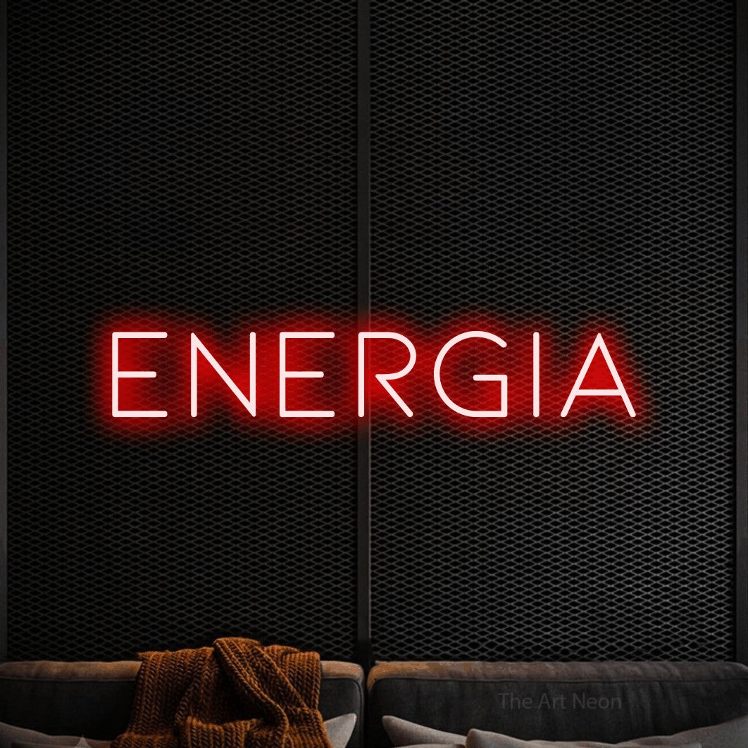 LED neon sign reading “ENERGIA”, arranged in a single line.