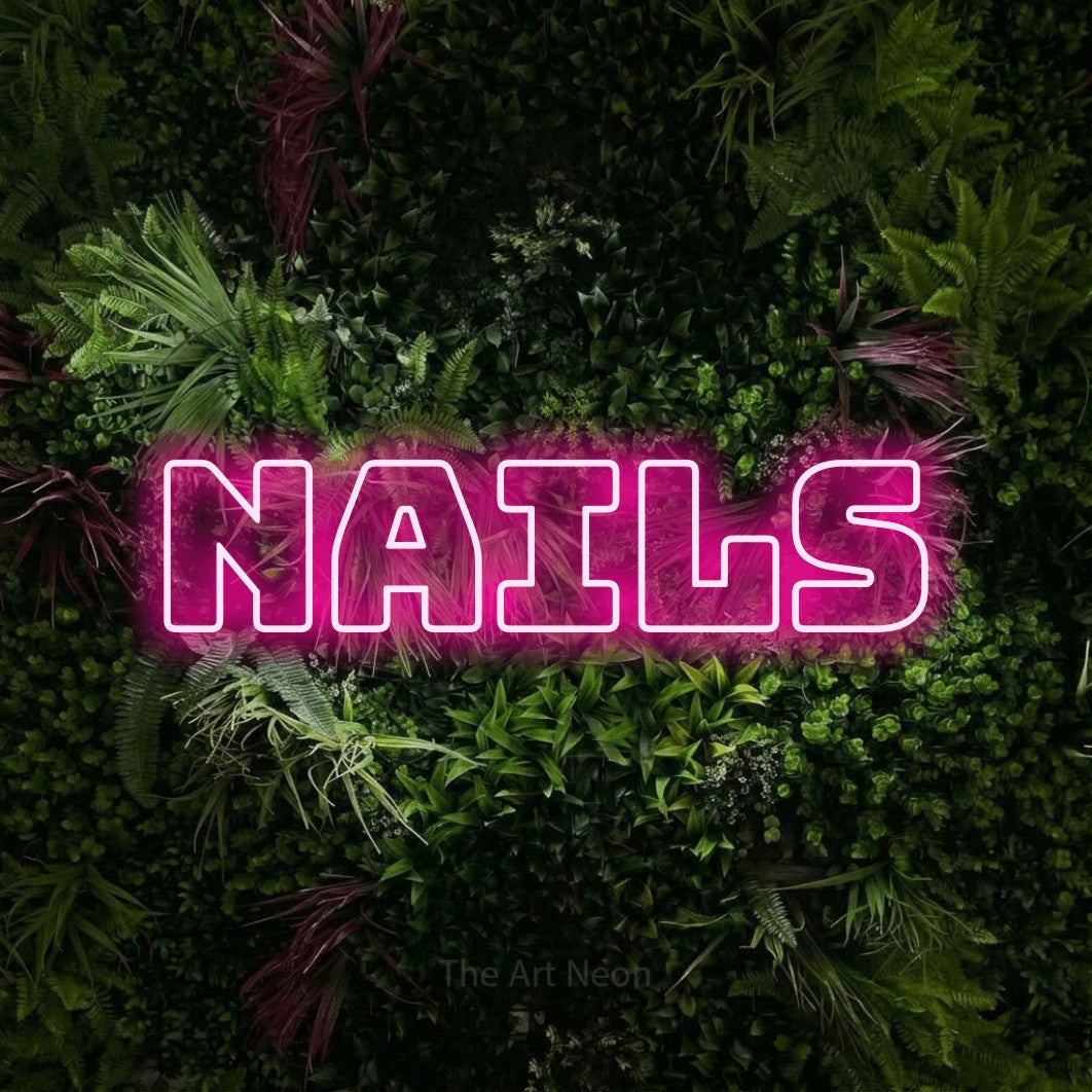 LED neon sign reading “nails”, arranged in a single line.