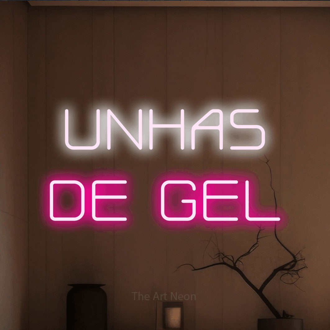 LED neon sign reading “UNHAS DE GEL”, arranged in 2 lines.
