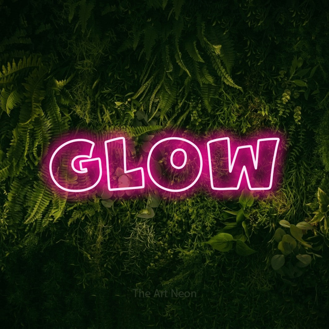 LED neon sign reading “GLOW”, arranged in a single line.