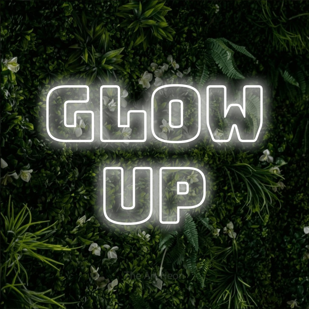 LED neon sign reading “GLOW up”, arranged in 2 lines.