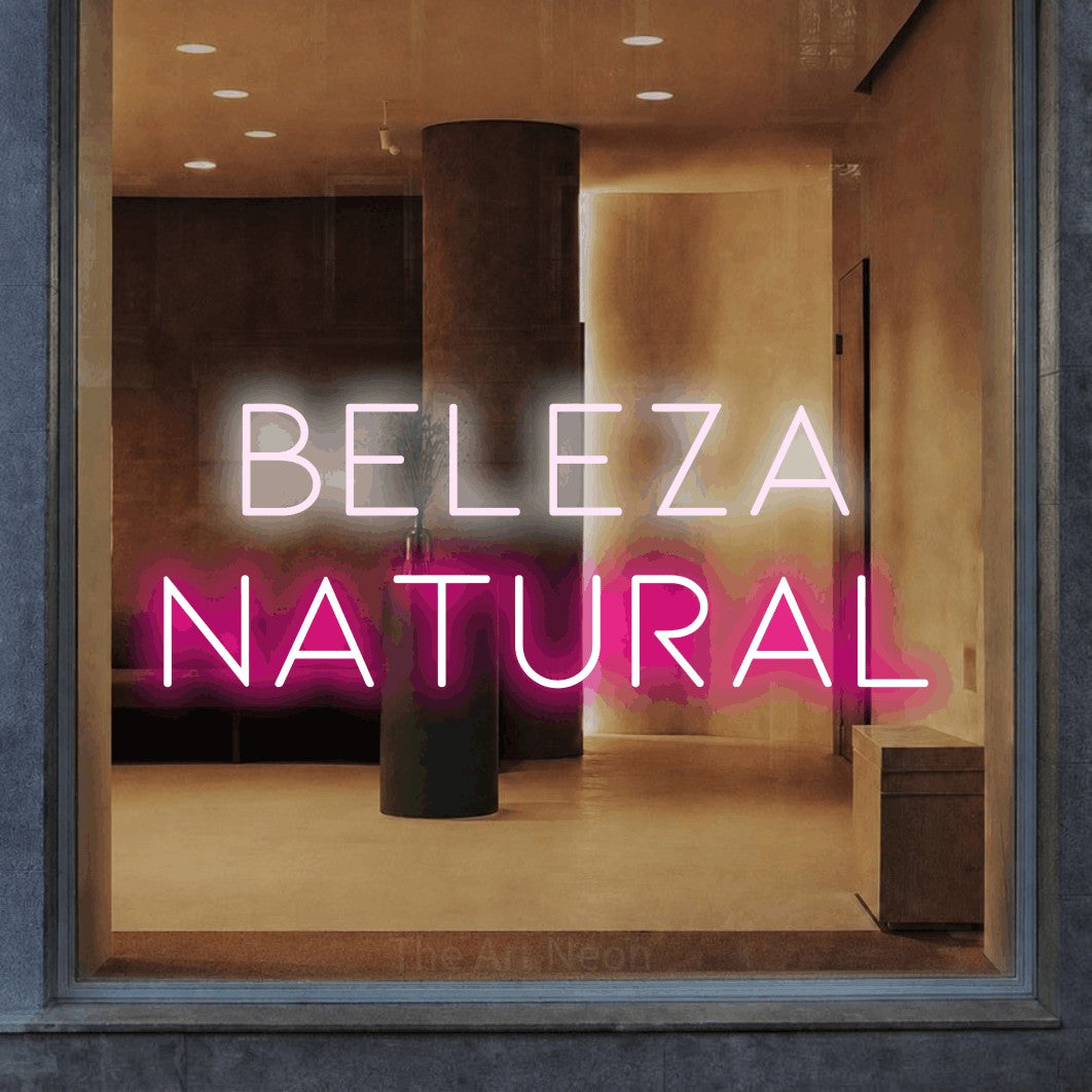 LED neon sign reading “beleza natural”, arranged in 2 lines.