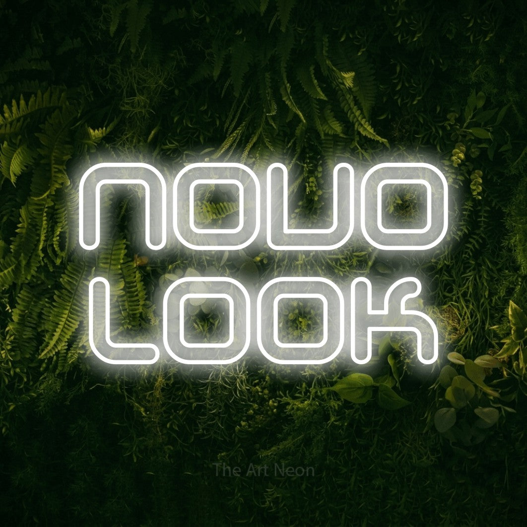 LED neon sign reading “novo look”, arranged in 2 lines.