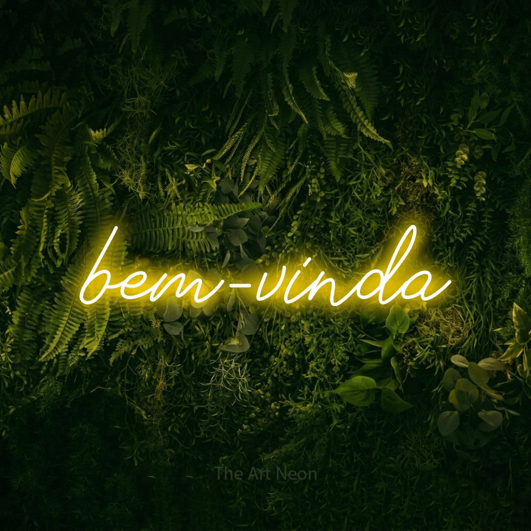 LED neon sign reading “bem-vinda”, arranged in a single line.