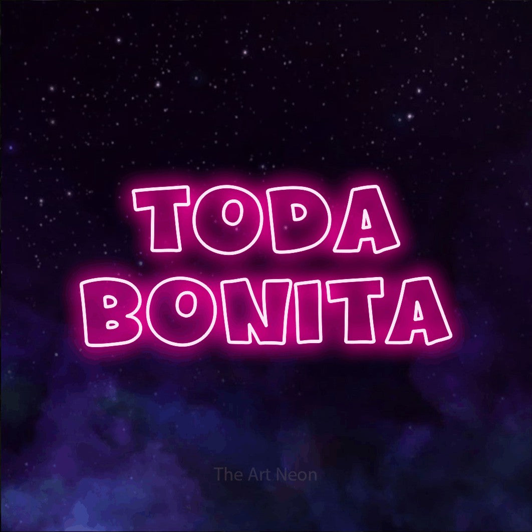 LED neon sign reading “Toda Bonita”, arranged in 2 lines.