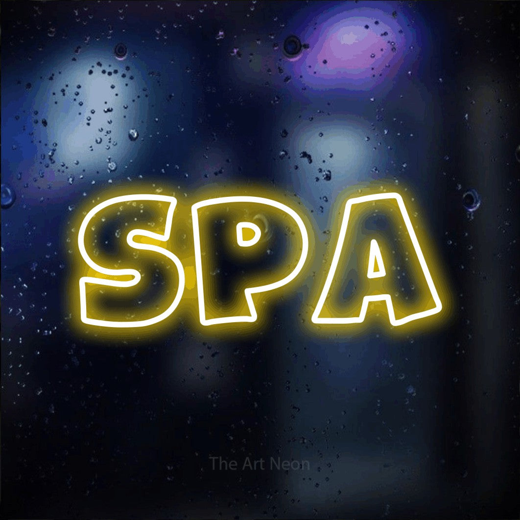 LED neon sign reading “spa”, arranged in a single line.