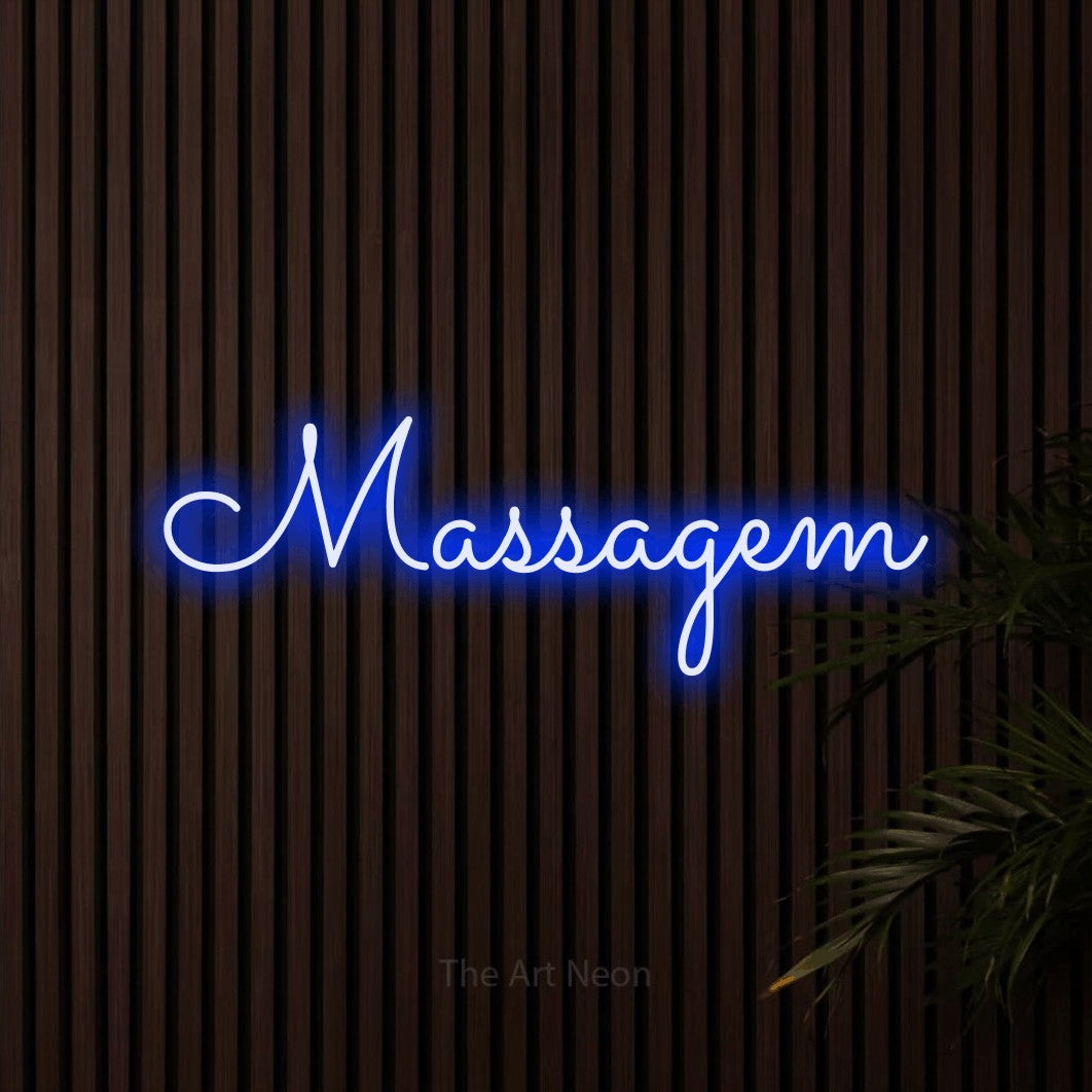 LED neon sign reading “Massagem”, arranged in a single line.