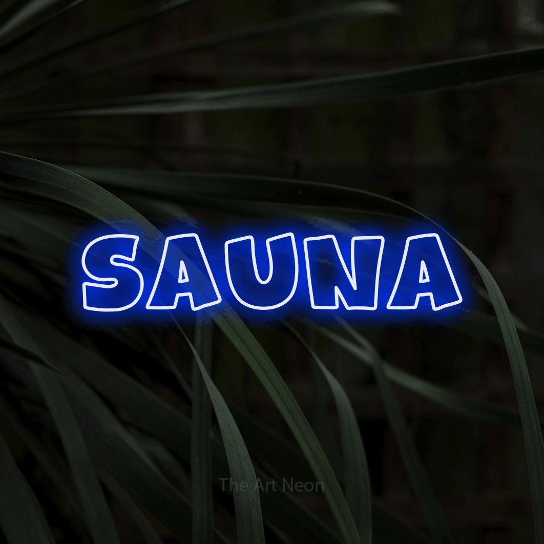 LED neon sign reading “sauna”, arranged in a single line.