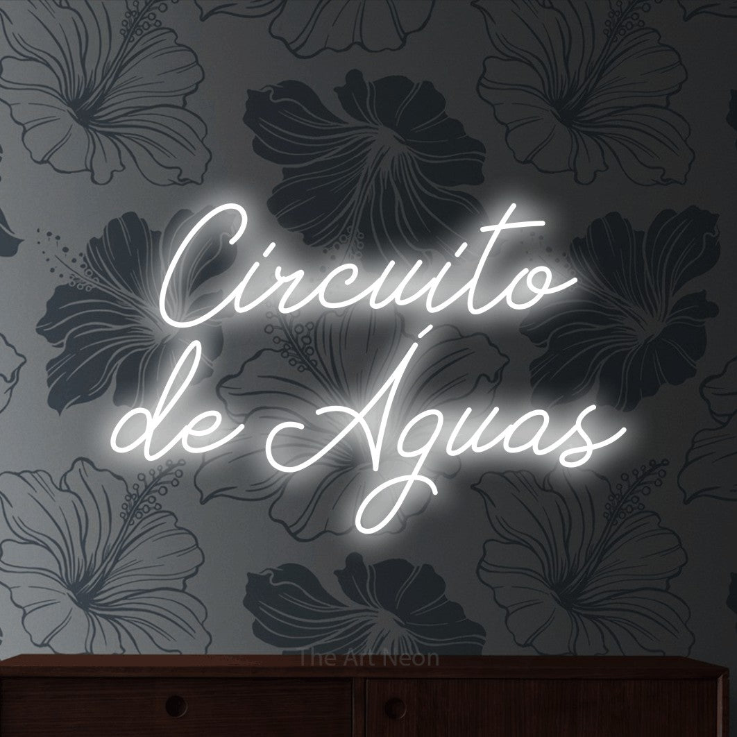 LED neon sign reading “Circuito de Águas”, arranged in 2 lines.