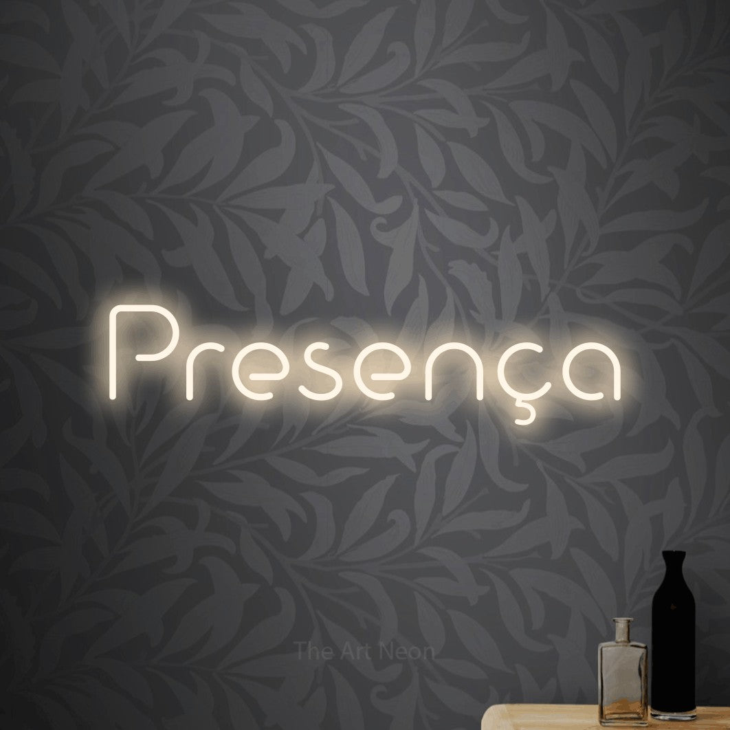 LED neon sign reading “Presença”, arranged in a single line.