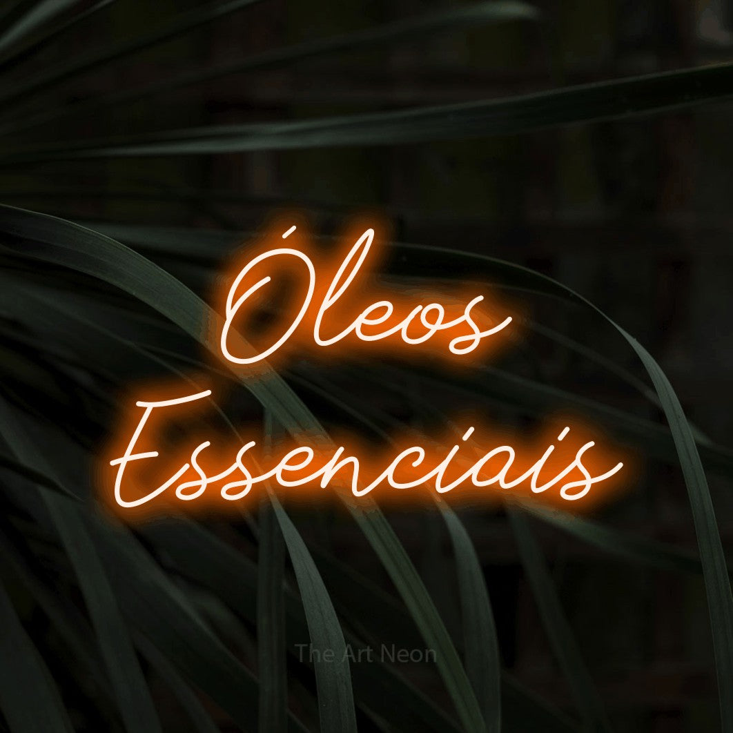 LED neon sign reading “Óleos Essenciais”, arranged in 2 lines.