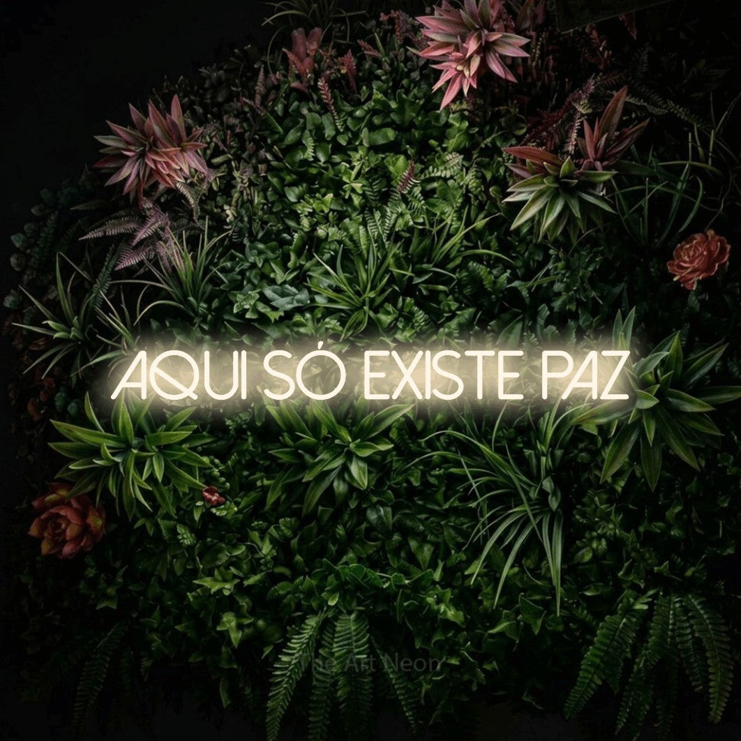 LED neon sign reading “aqui só existe paz”, arranged in a single line.