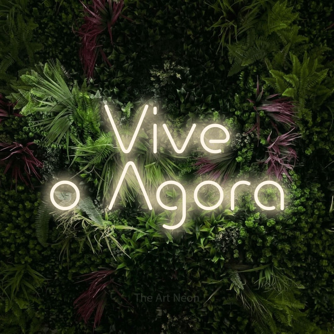 LED neon sign reading “Vive o Agora”, arranged in 2 lines.