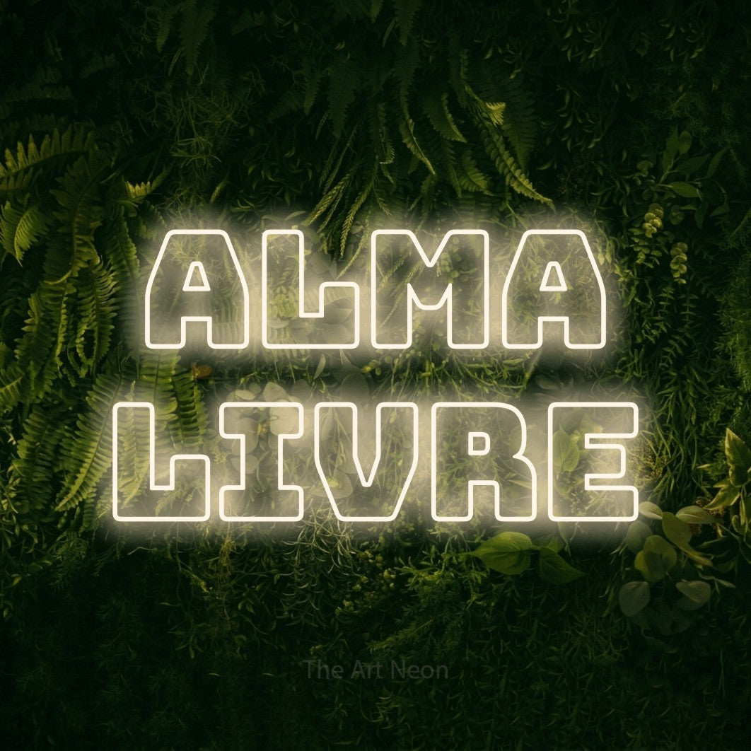 LED neon sign reading “alma LIVRE”, arranged in 2 lines.