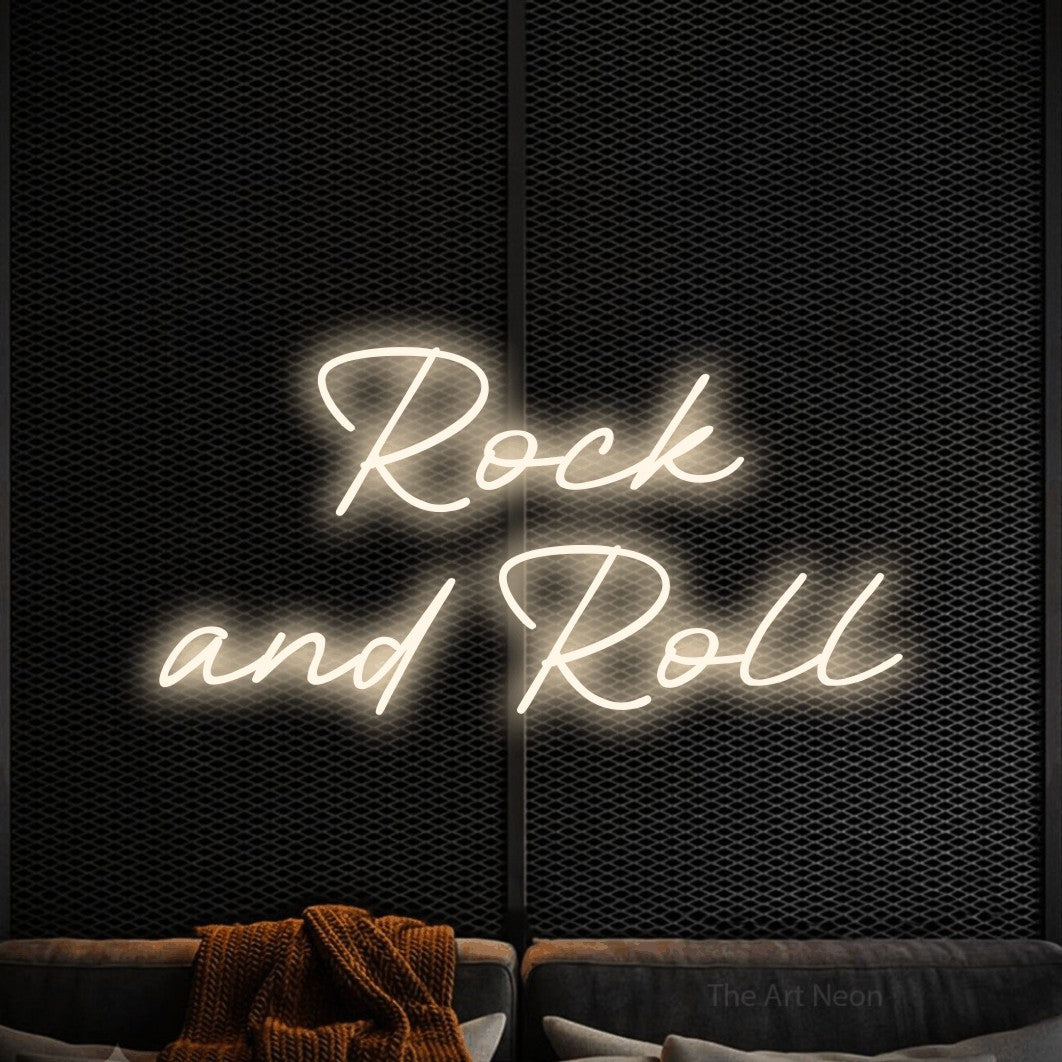 LED neon sign reading “Rock and Roll”, arranged in 2 lines.