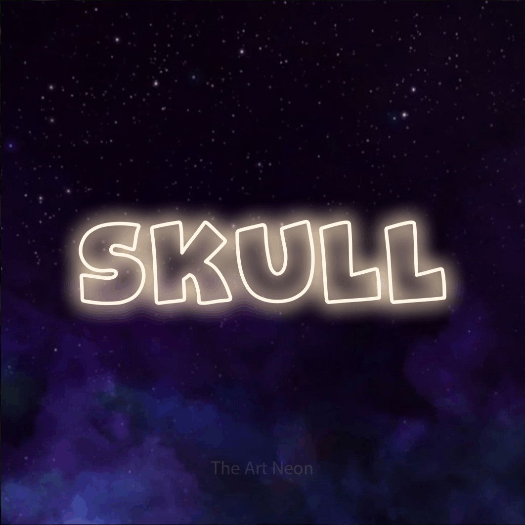 LED neon sign reading “skull”, arranged in a single line.