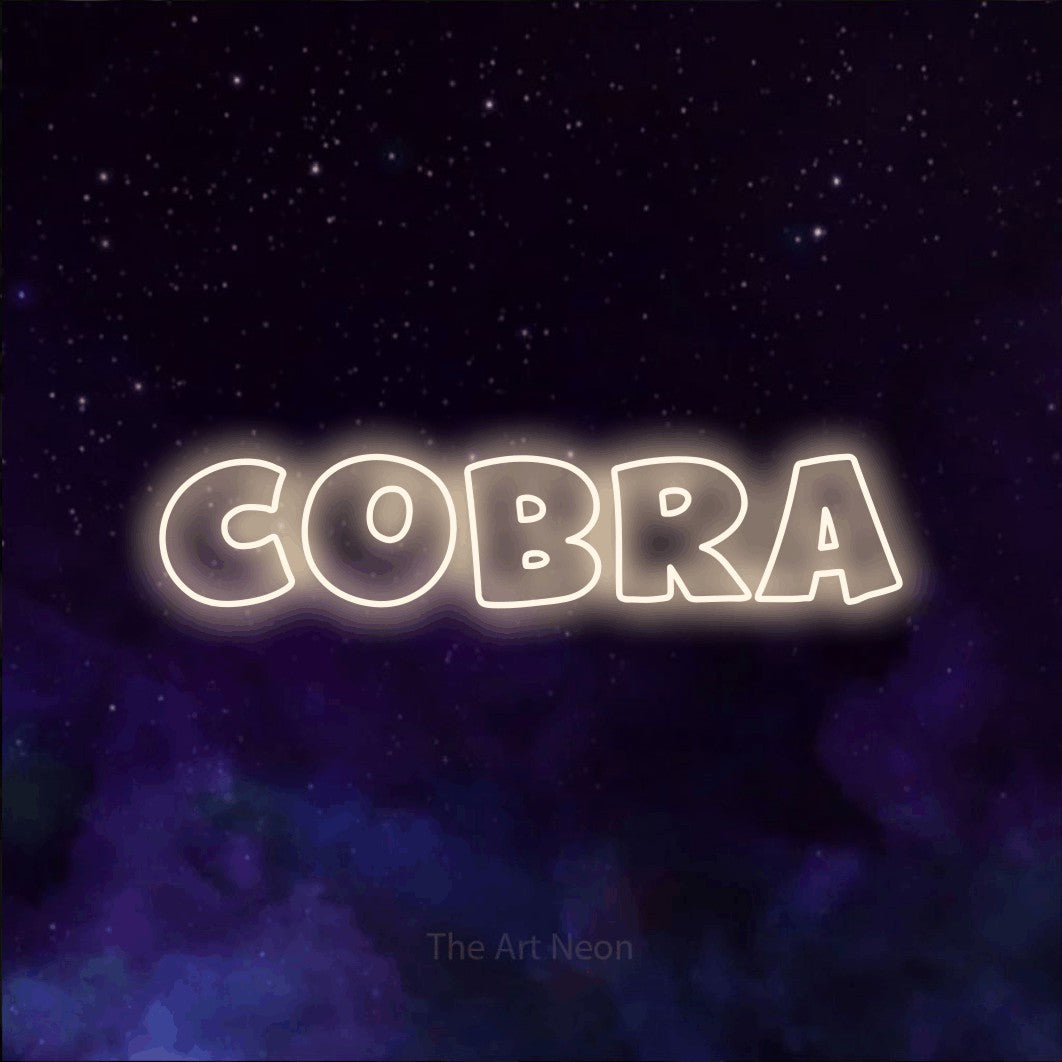 LED neon sign reading “Cobra”, arranged in a single line.