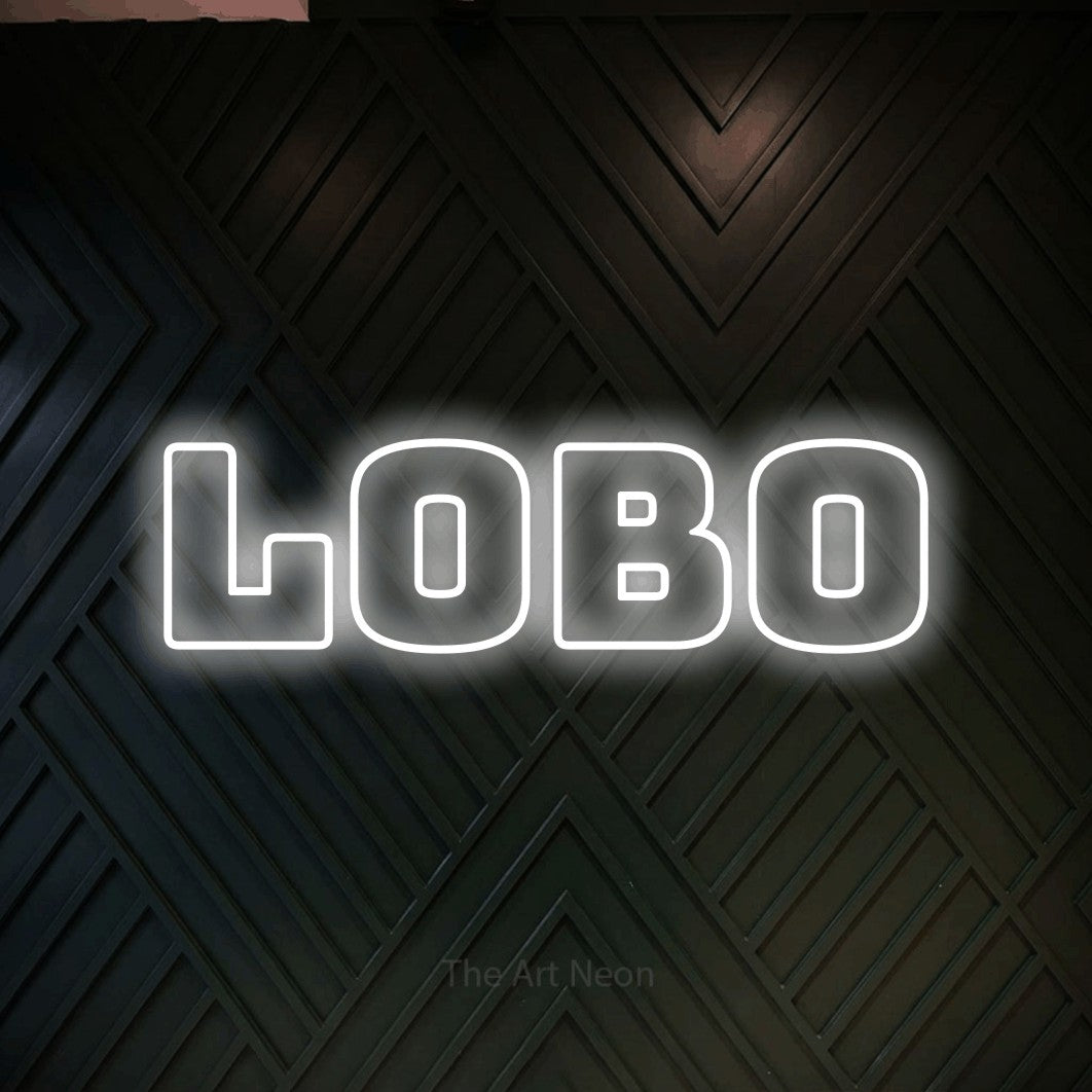 LED neon sign reading “lobo”, arranged in a single line.