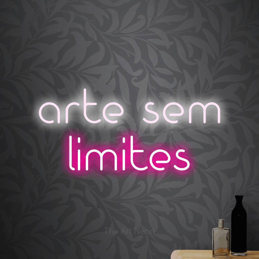 LED neon sign reading “arte sem limites”, arranged in 2 lines.