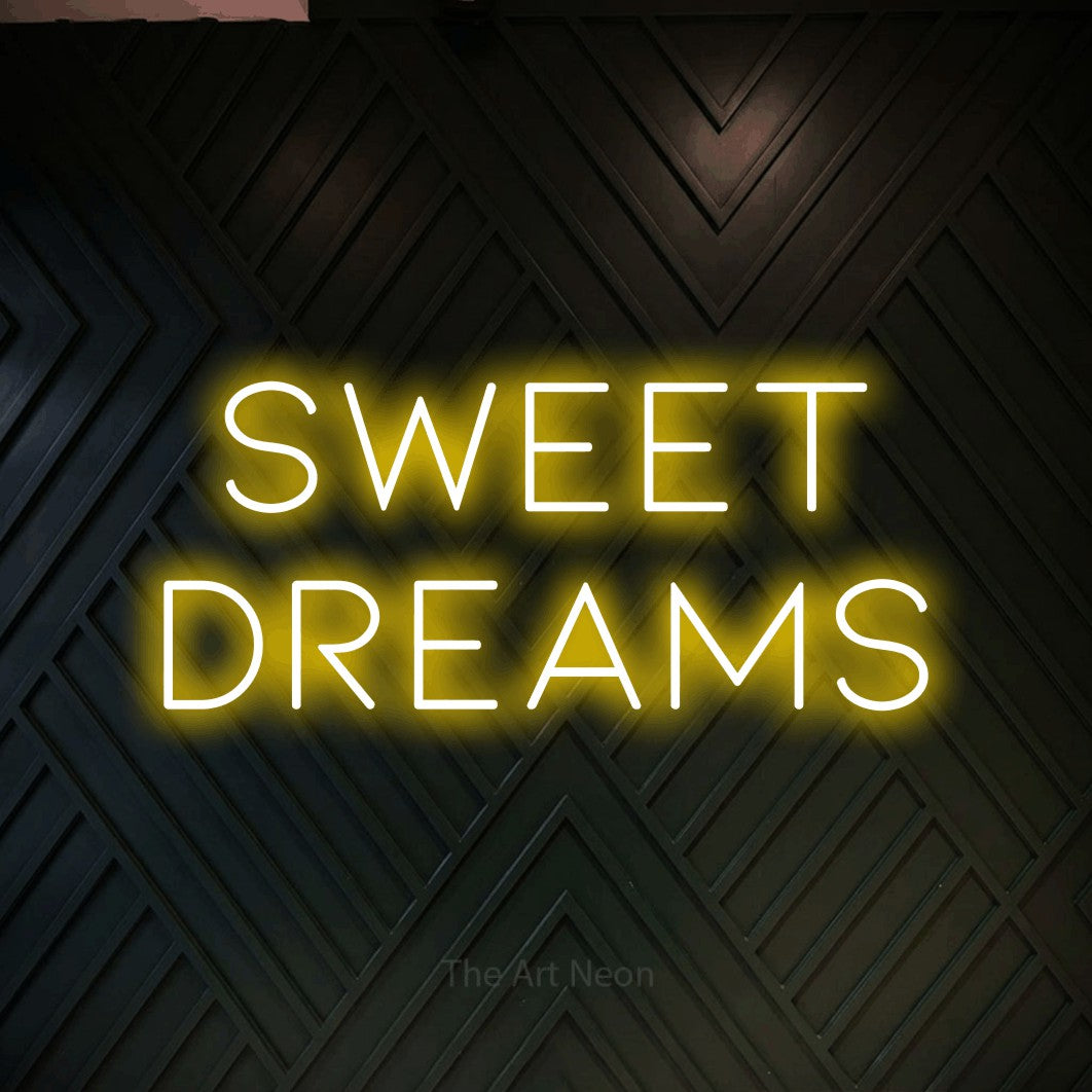 LED neon sign reading “Sweet Dreams”, arranged in 2 lines.