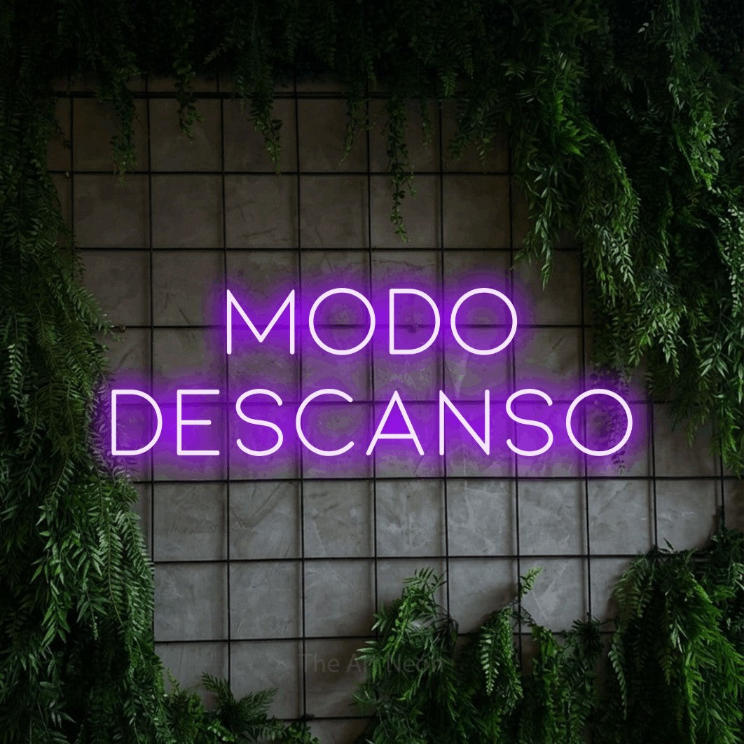 LED neon sign reading “modo DESCANSO”, arranged in 2 lines.