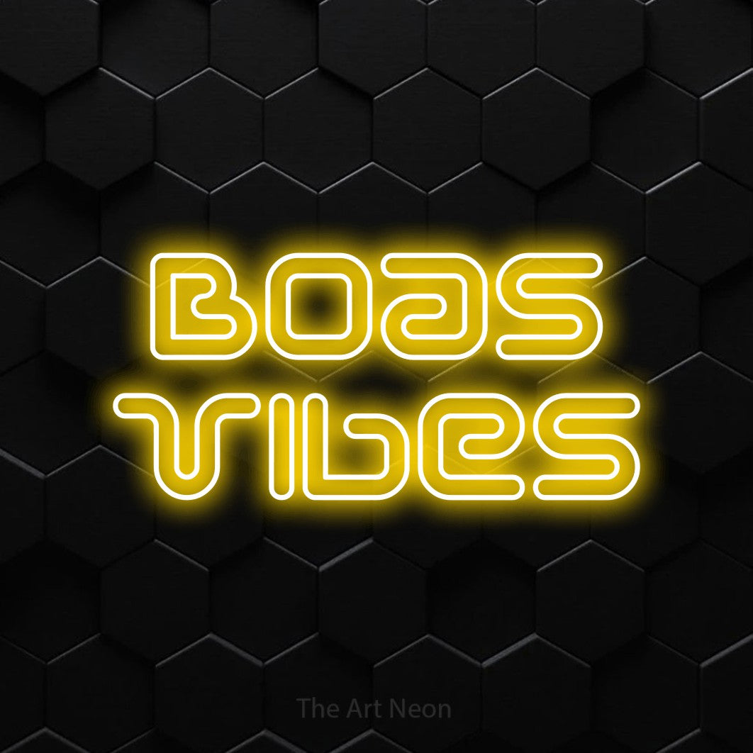 LED neon sign reading “Boas Vibes”, arranged in 2 lines.