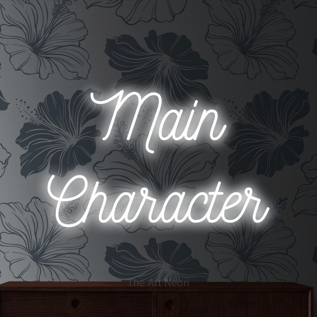 LED neon sign reading “Main Character”, arranged in 2 lines.