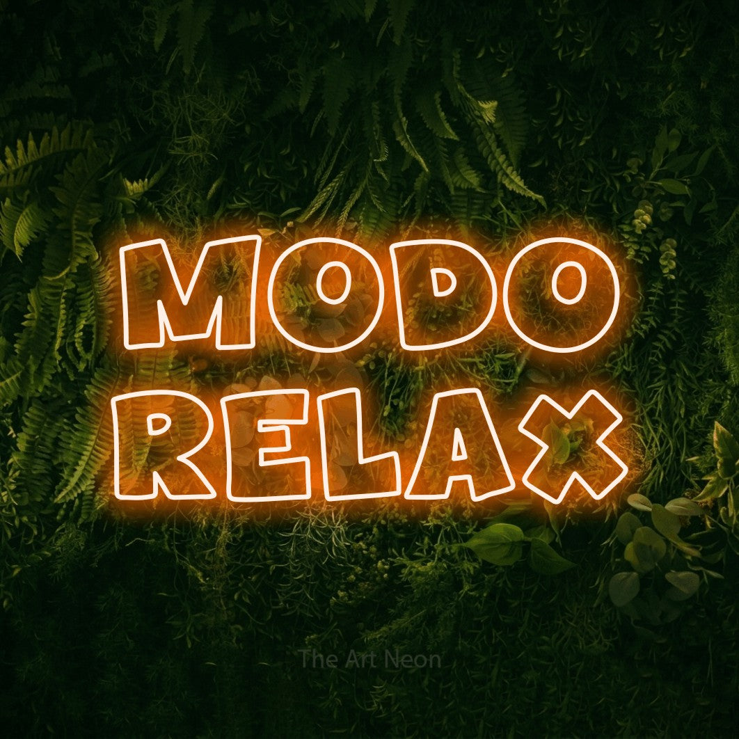 LED neon sign reading “Modo Relax”, arranged in 2 lines.
