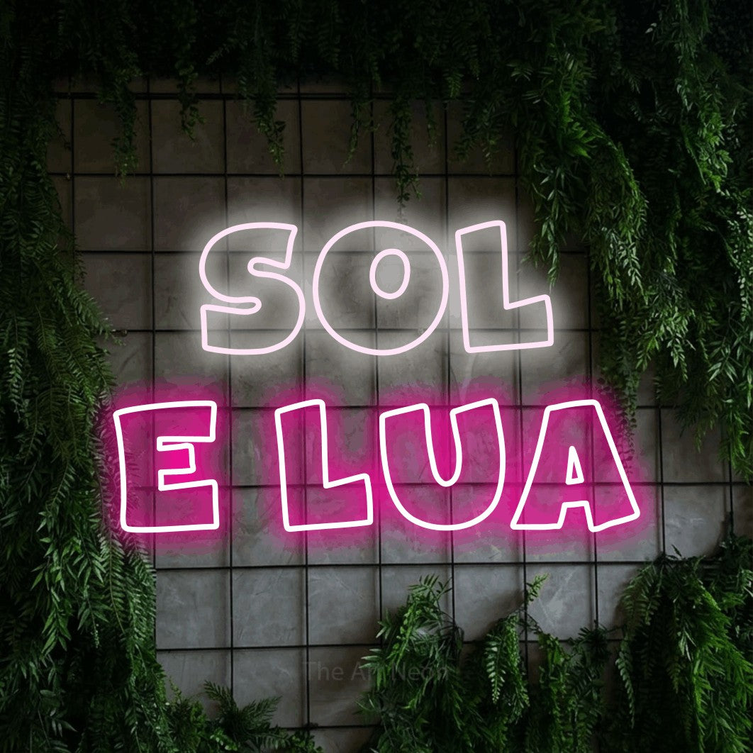 LED neon sign reading “SOL E LUA”, arranged in 2 lines.