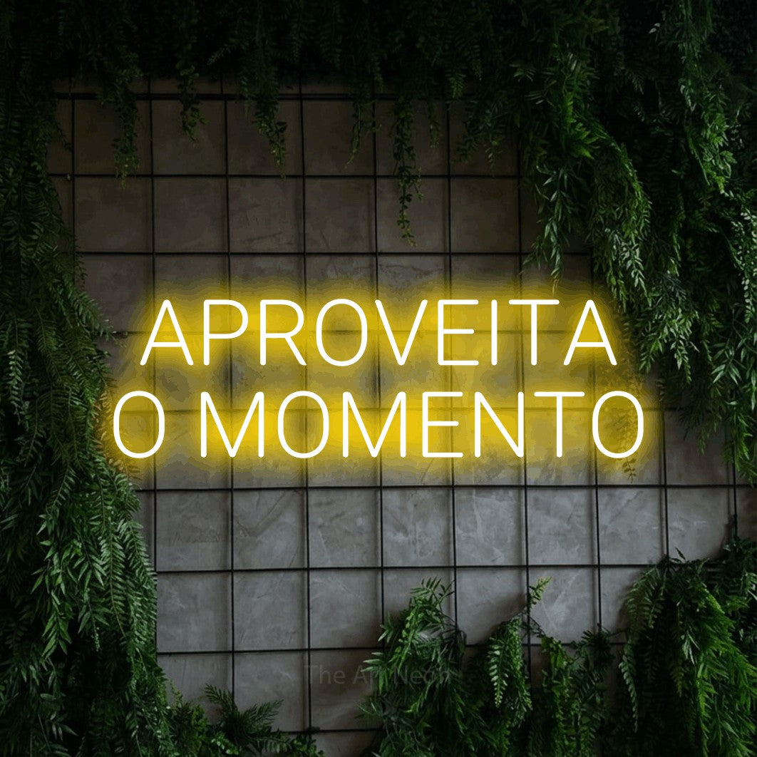 LED neon sign reading “APROVEITA O MOMENTO”, arranged in 2 lines.