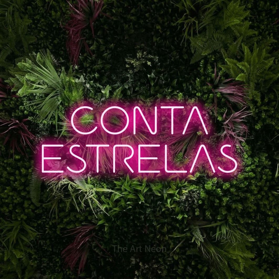 LED neon sign reading “CONTA ESTRELAS”, arranged in 2 lines.