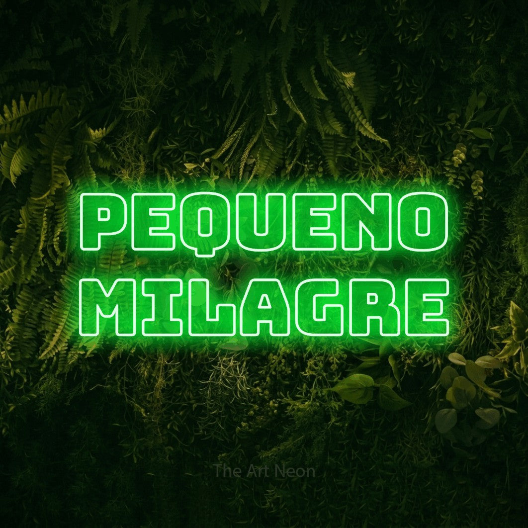 LED neon sign reading “Pequeno Milagre”, arranged in 2 lines.