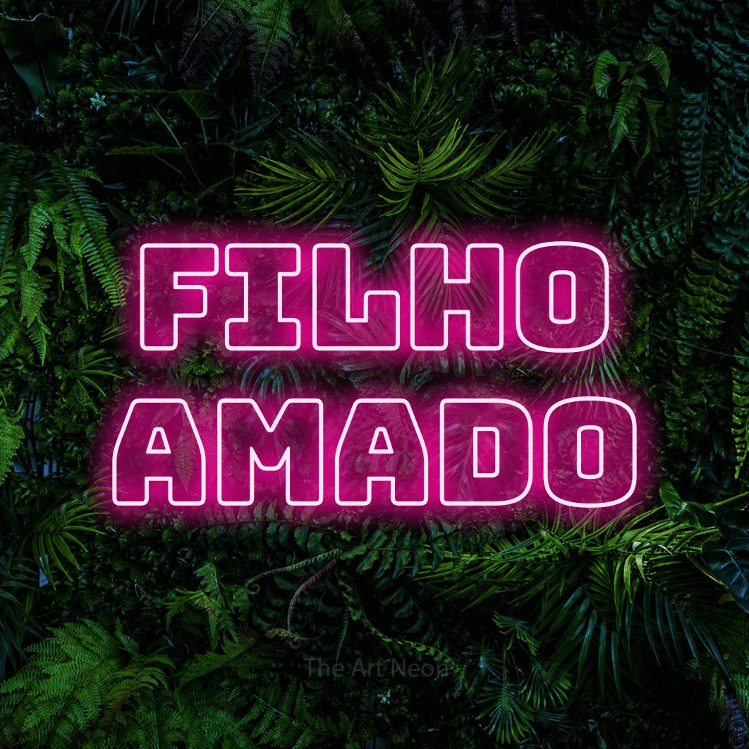 LED neon sign reading “Filho Amado”, arranged in 2 lines.