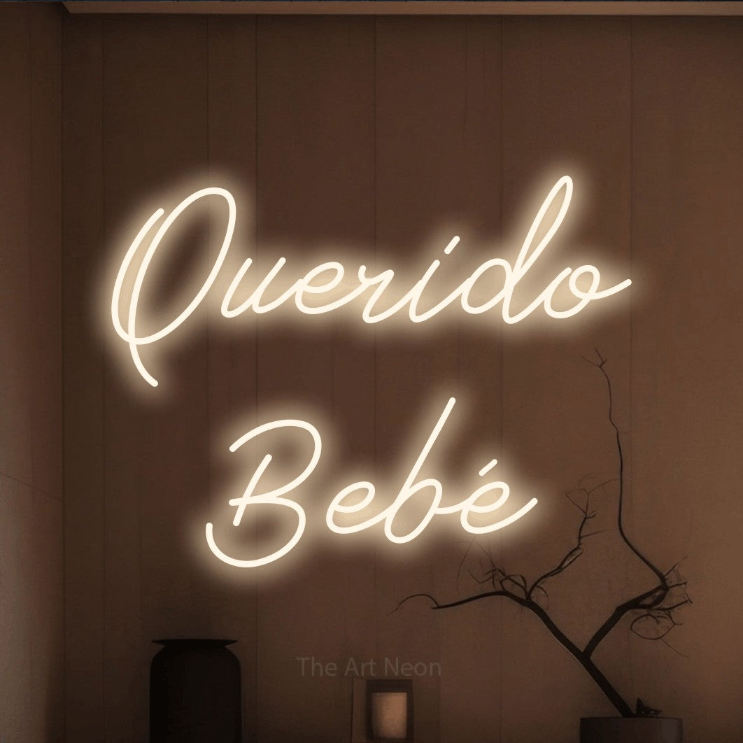 LED neon sign reading “Querido Bebé”, arranged in 2 lines.