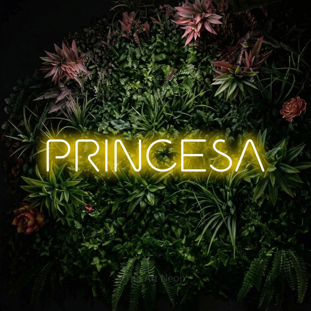 LED neon sign reading “PRINCESA”, arranged in a single line.