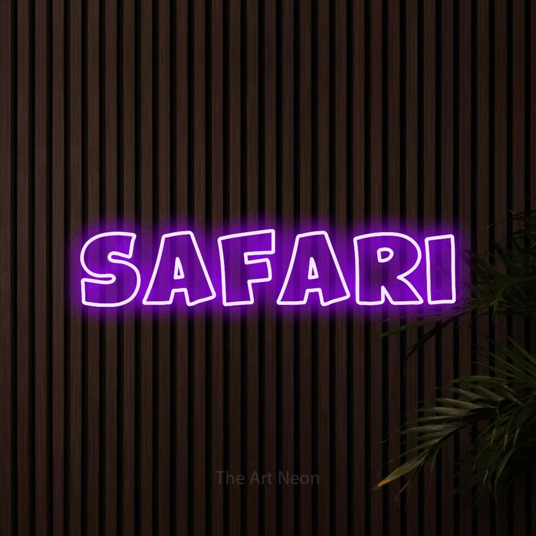 LED neon sign reading “Safari”, arranged in a single line.