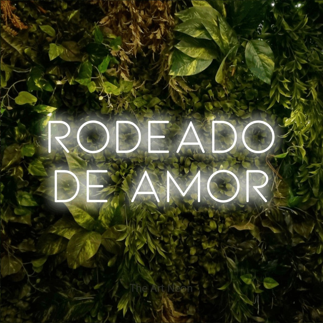 LED neon sign reading “rodeado de amor”, arranged in 2 lines.