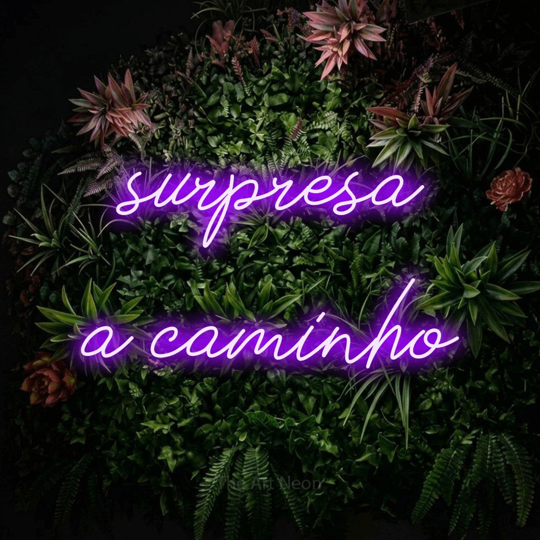LED neon sign reading “surpresa a caminho”, arranged in 2 lines.