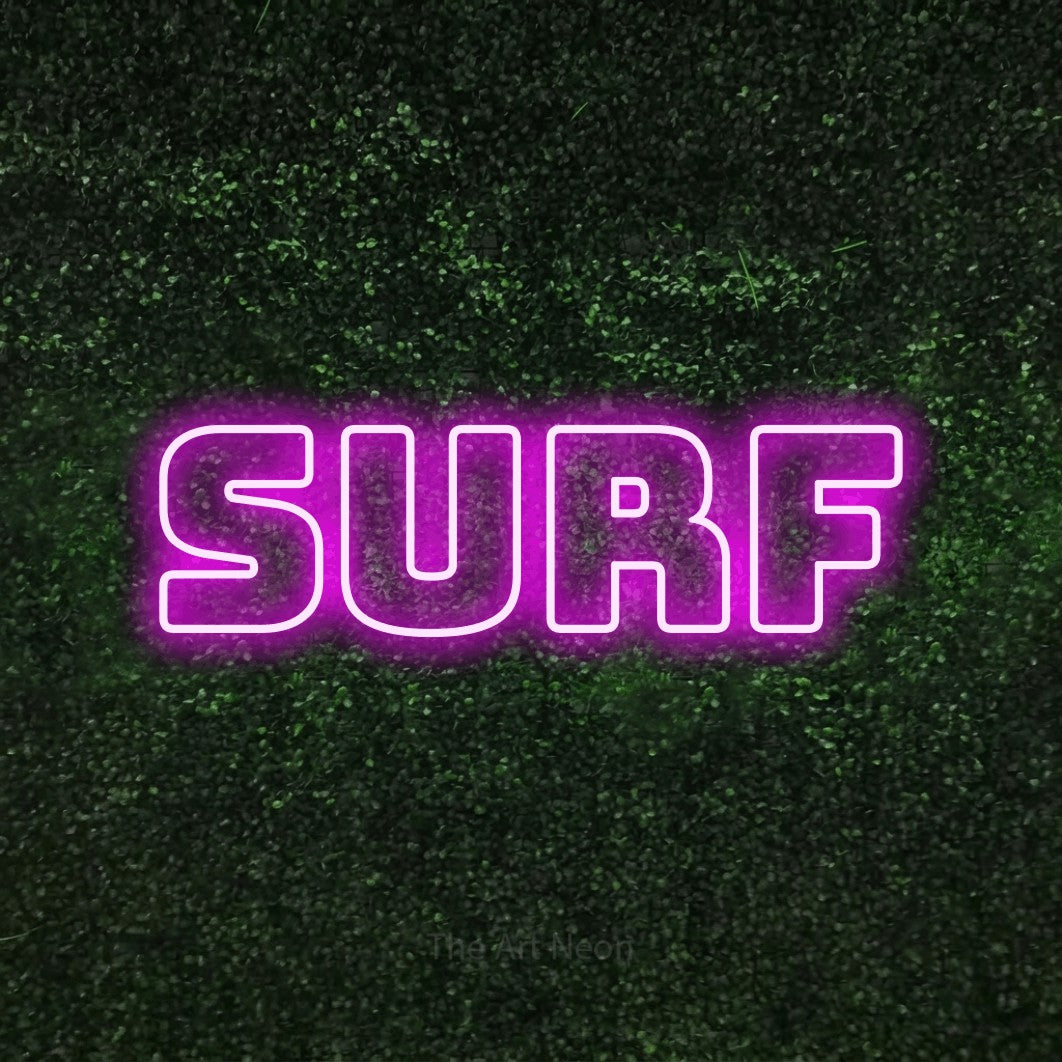 LED neon sign reading “SURF”, arranged in a single line.