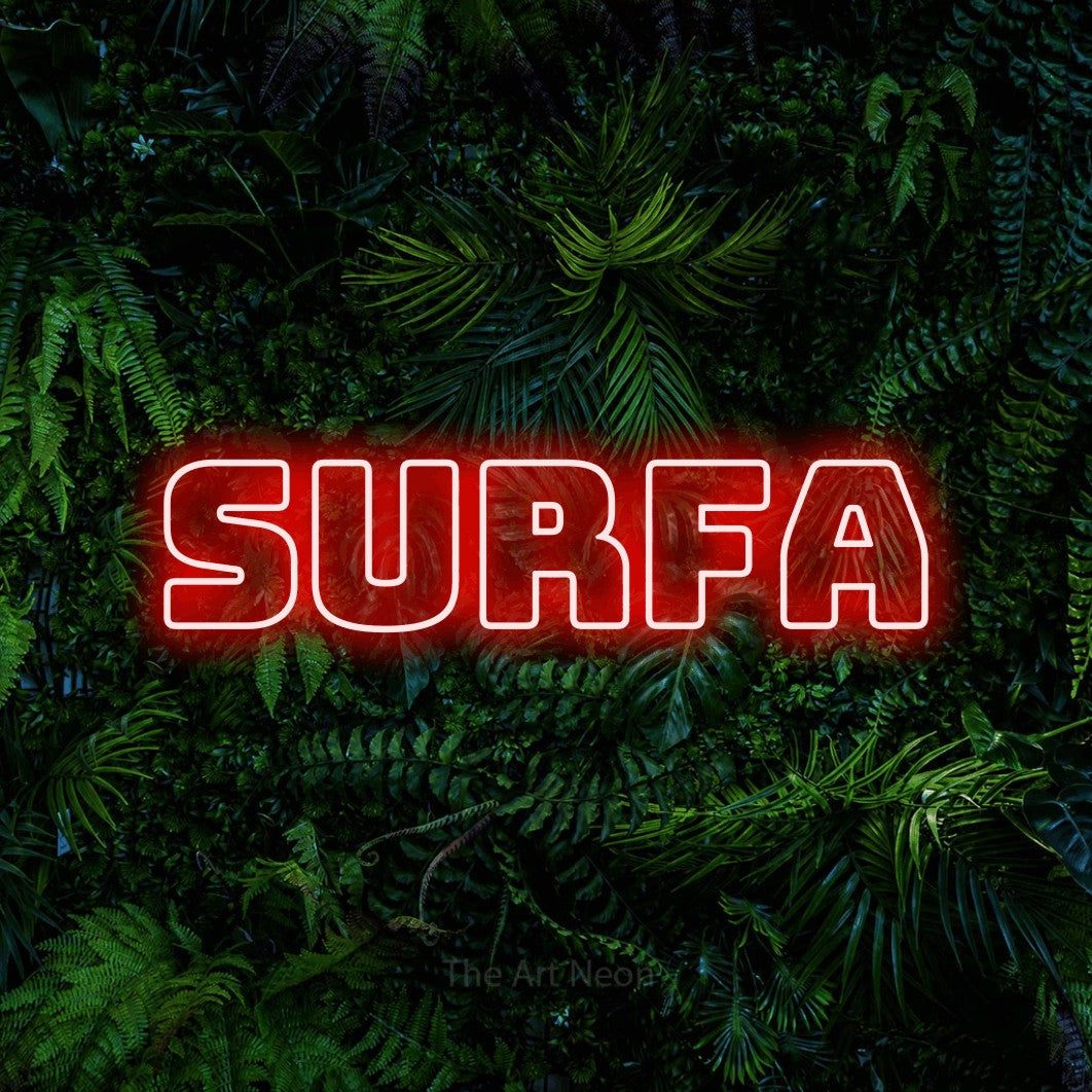 LED neon sign reading “SURFA”, arranged in a single line.