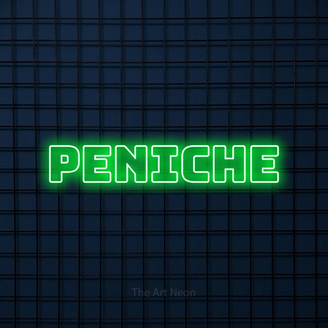 LED neon sign reading “peniche”, arranged in a single line.