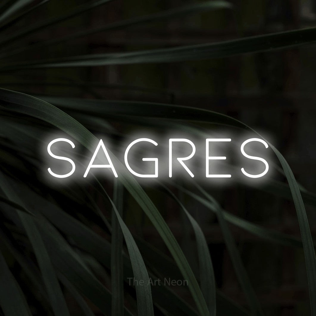 LED neon sign reading “SAGRES”, arranged in a single line.