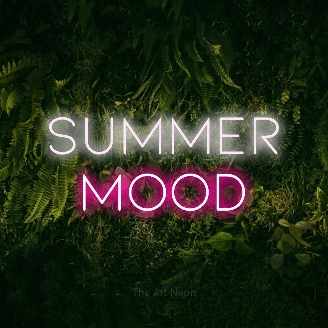 LED neon sign reading “summer mood”, arranged in 2 lines.