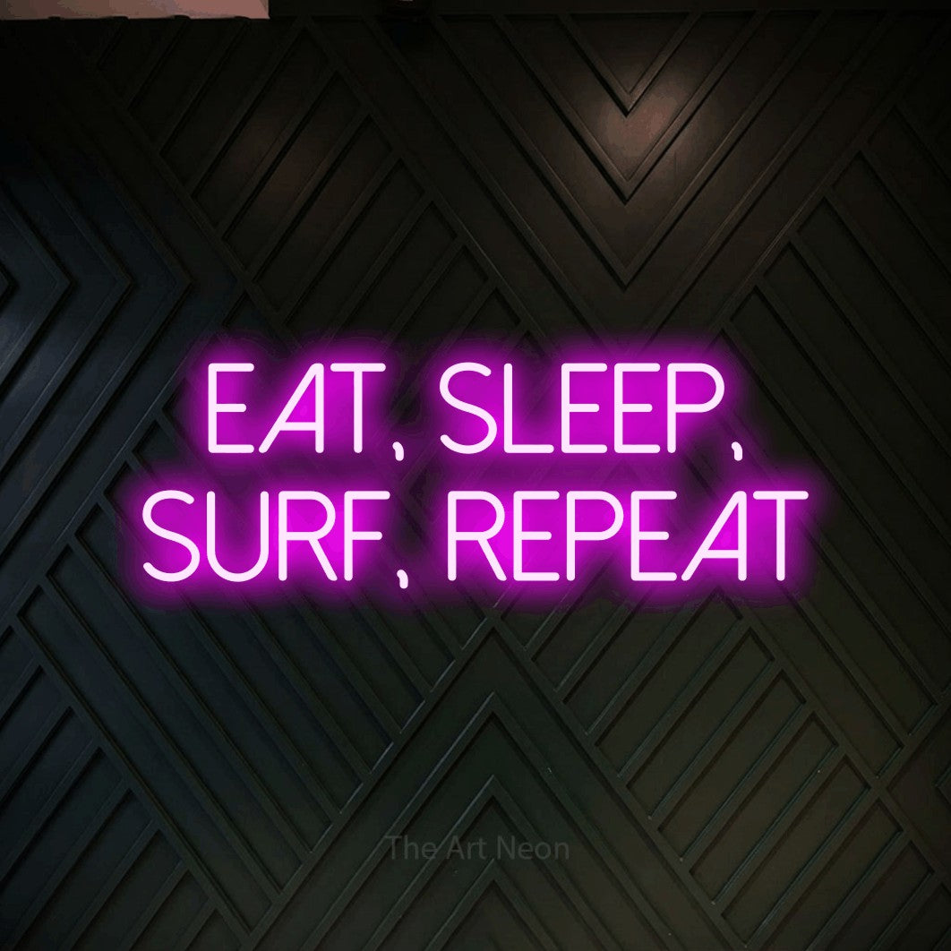 LED neon sign reading “EAT, SLEEP, SURF, REPEAT”, arranged in 2 lines.