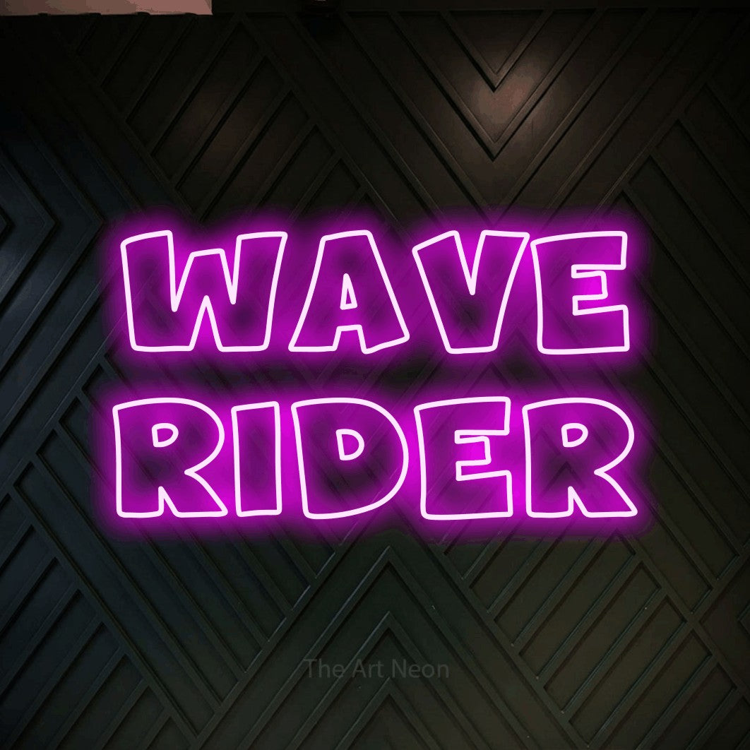 LED neon sign reading “wave RIDER”, arranged in 2 lines.