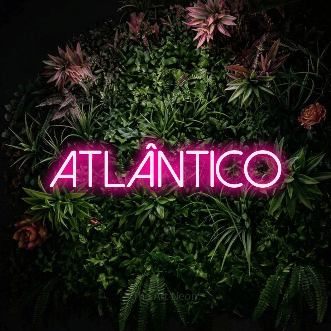 LED neon sign reading “ATLÂNTICO”, arranged in a single line.