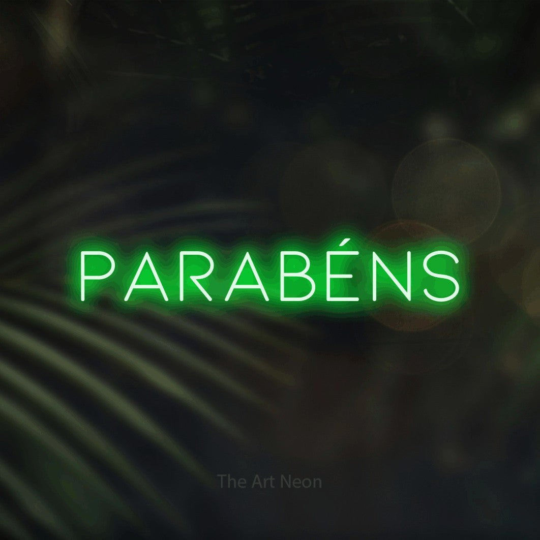 LED neon sign reading “Parabéns”, arranged in a single line.