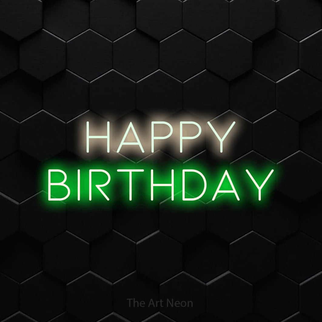 LED neon sign reading “Happy Birthday”, arranged in 2 lines.